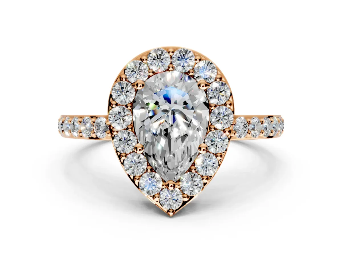 Halo Engagement Ring Setting for Pear-Shaped Center with Heart-Shaped Openwork, Pave Band and Prong Head in Rose Gold