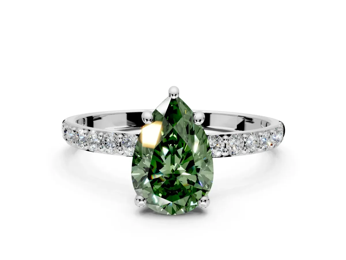 Solitaire Engagement Ring Setting for Fancy Green Pear-Shaped Center with Pave Accents and Prong Head in Sterling Silver
