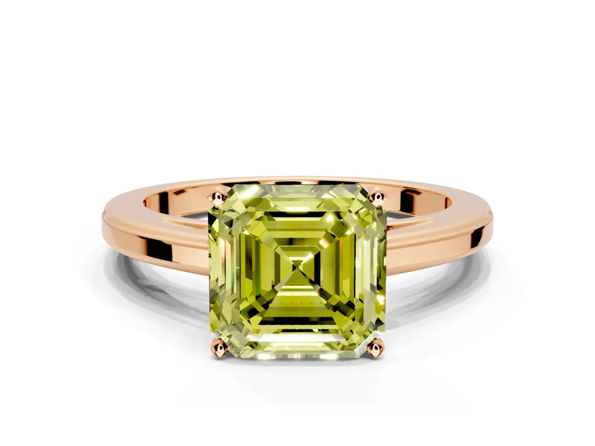 Solitaire Engagement Ring Setting for Fancy Yellow Asscher Cut Center with Flat-Sided Plain Band and Prong Head in Rose Gold