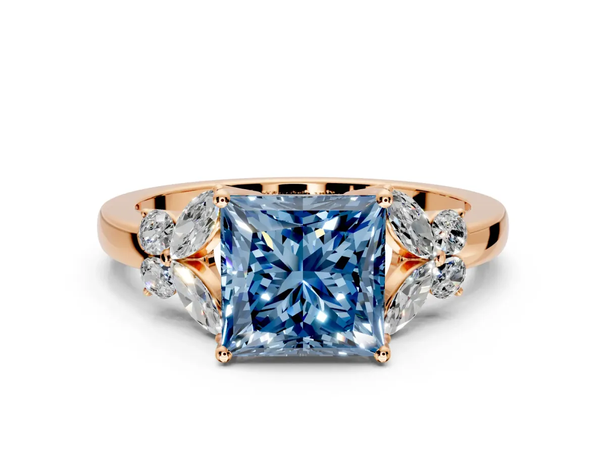 Solitaire Engagement Ring Setting for Fancy Blue Princess Cut Center with Marquise Flower Shoulders and Prong Head in Rose Gold