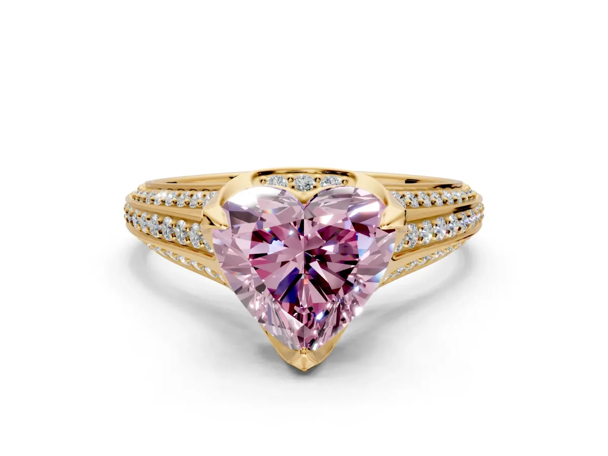 Solitaire Engagement Ring Setting for Fancy Pink Heart-Shaped Center with Accented Split Shank and Prong Head in Yellow Gold