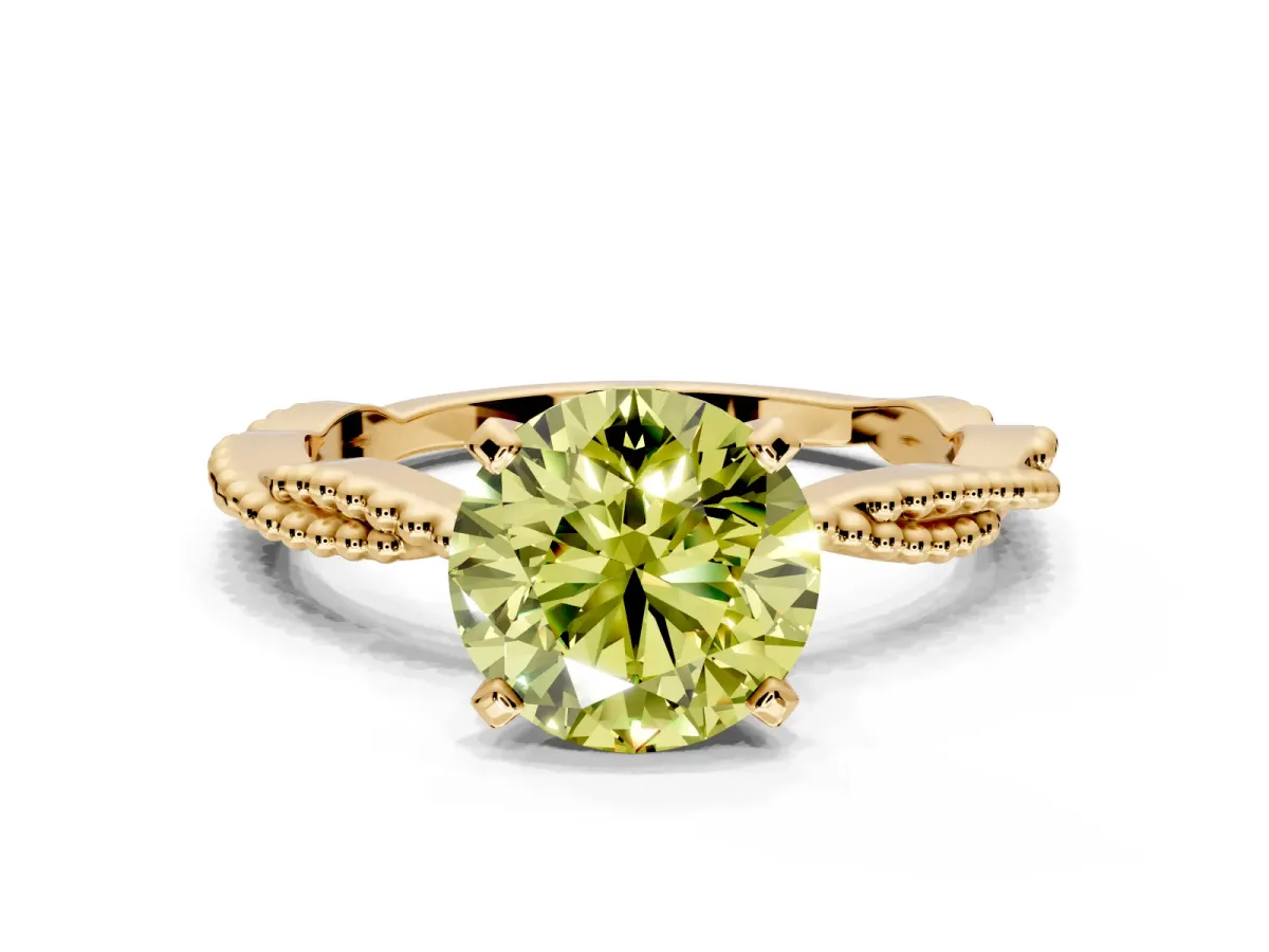 Solitaire Engagement Ring Setting for Fancy Yellow Round Cut Center with Twist Band and Bead Prong Head in Yellow Gold