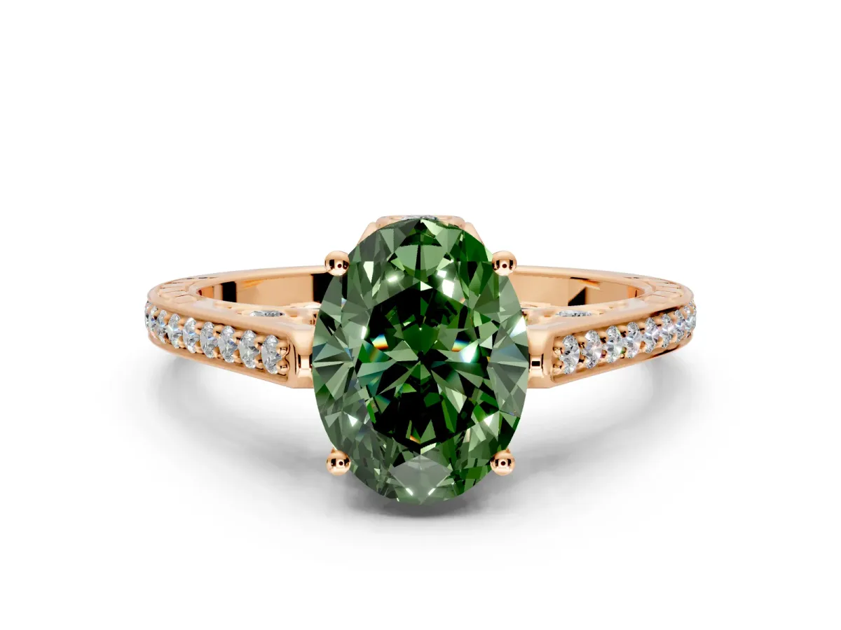 Cathedral Engagement Ring Setting for Fancy Green Oval Center with Antique-Style Pave Band and Prong Head in Rose Gold