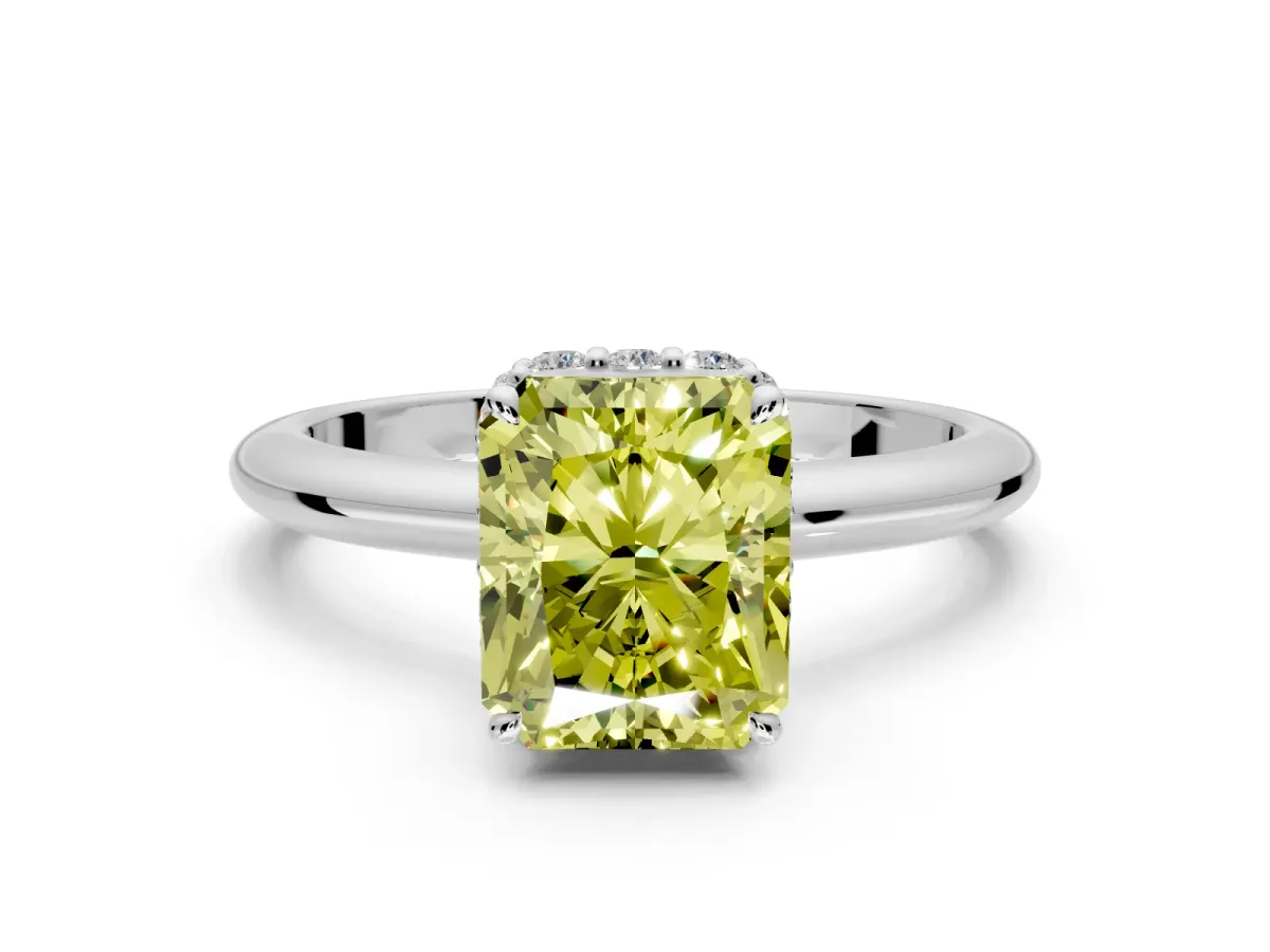 Hidden Halo Engagement Ring Setting for Fancy Yellow Radiant Cut Center with Plain Rounded Band and Prong Head in Platinum