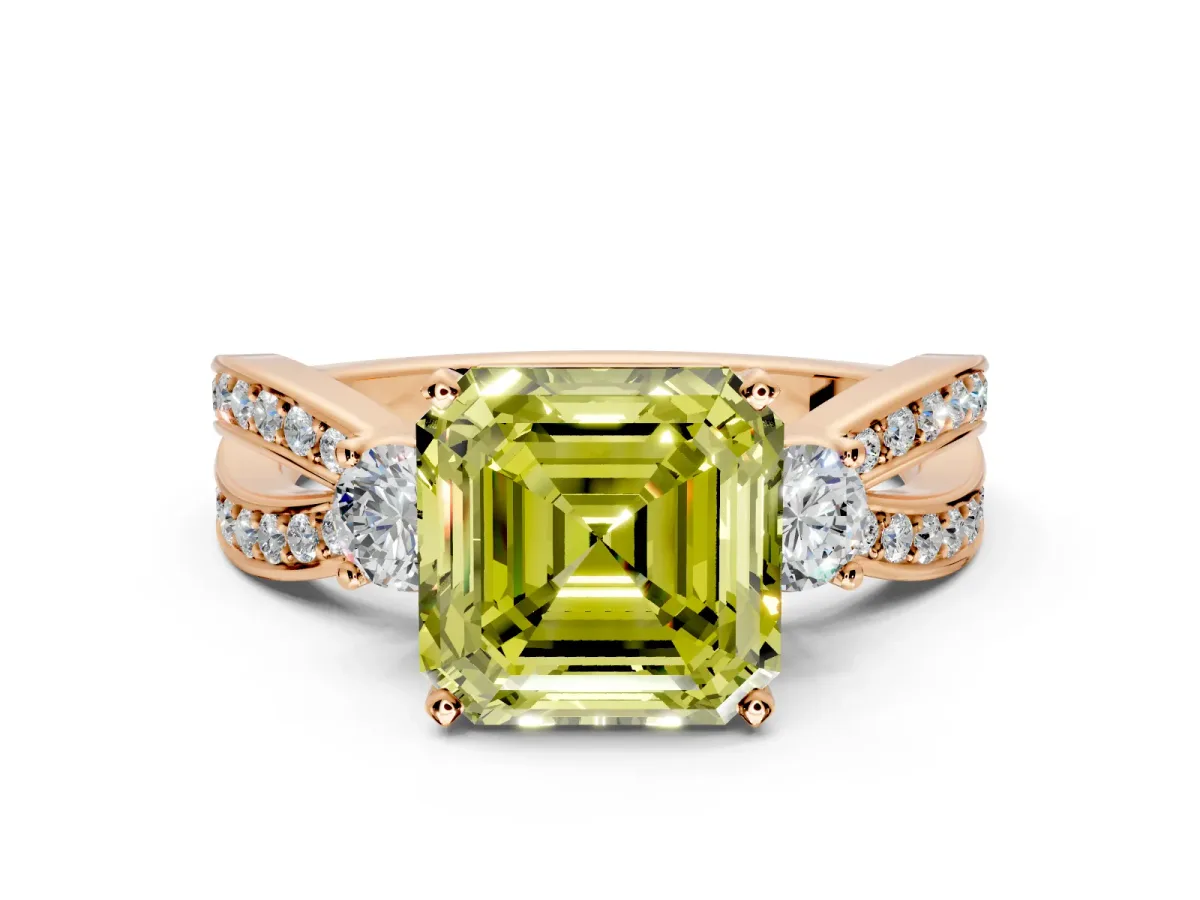 3 Stone Engagement Ring Setting for Fancy Yellow Asscher Cut Center with Pave Twist Band and Prong Head in Rose Gold