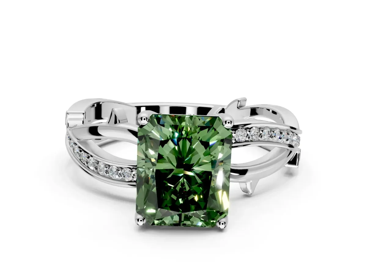 Solitaire Engagement Ring Setting for Fancy Green Radiant Cut Center with Pave and Plain Crossover Band and Prong Head in Platinum