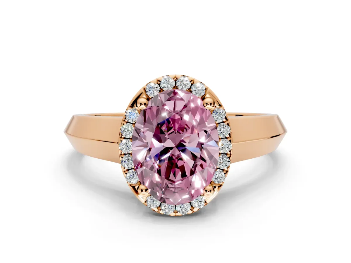 Halo Engagement Ring Setting for Fancy Pink Oval Center with Knife Ridge Cathedral Band and Prong Head in Rose Gold