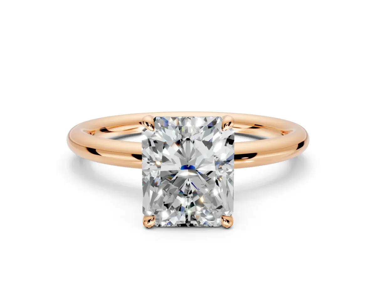 Hidden Halo Engagement Ring Setting for Radiant Cut Center with Thin Rounded Band and Prong Head in Rose Gold