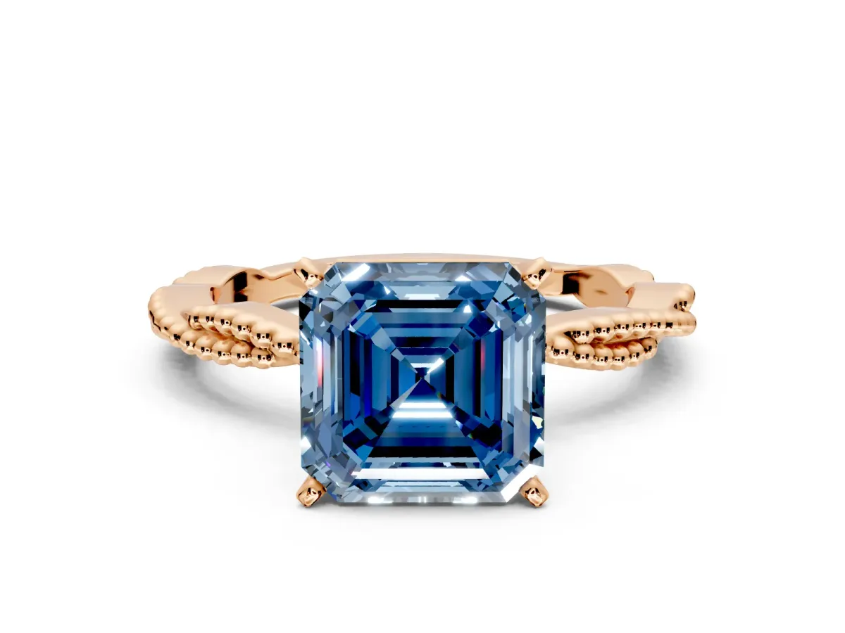 Solitaire Engagement Ring Setting for Fancy Blue Asscher Cut Center with Twist Band and Bead Prong Head in Rose Gold