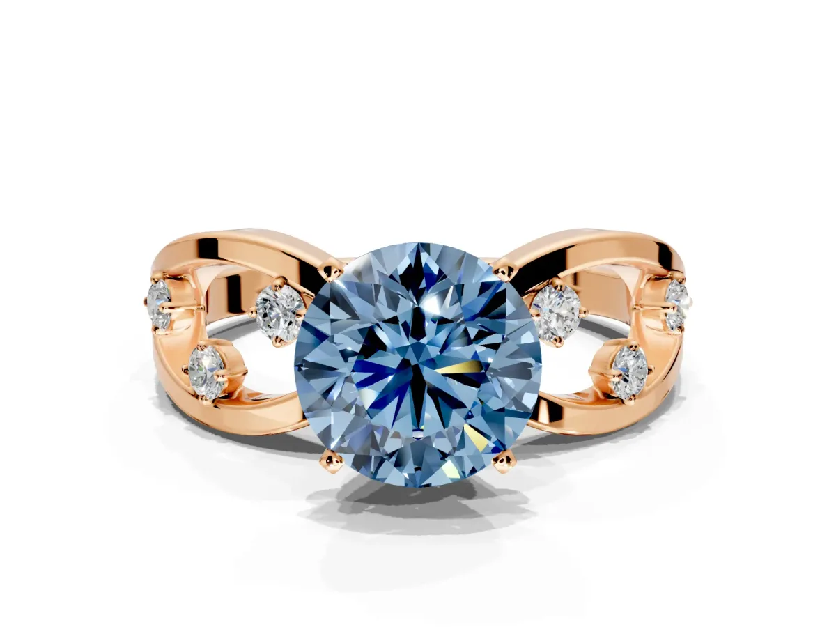 Solitaire Engagement Ring Setting for Fancy Blue Round Cut Center with Criss-Cross Accent Band and Prong Head in Rose Gold