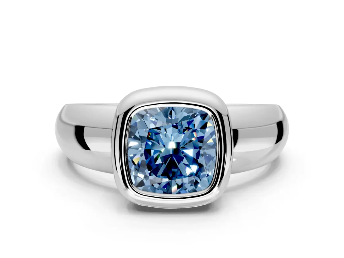 Solitaire Engagement Ring Setting for Fancy Blue Cushion Cut Center with Wide Band and Bezel Head in Platinum