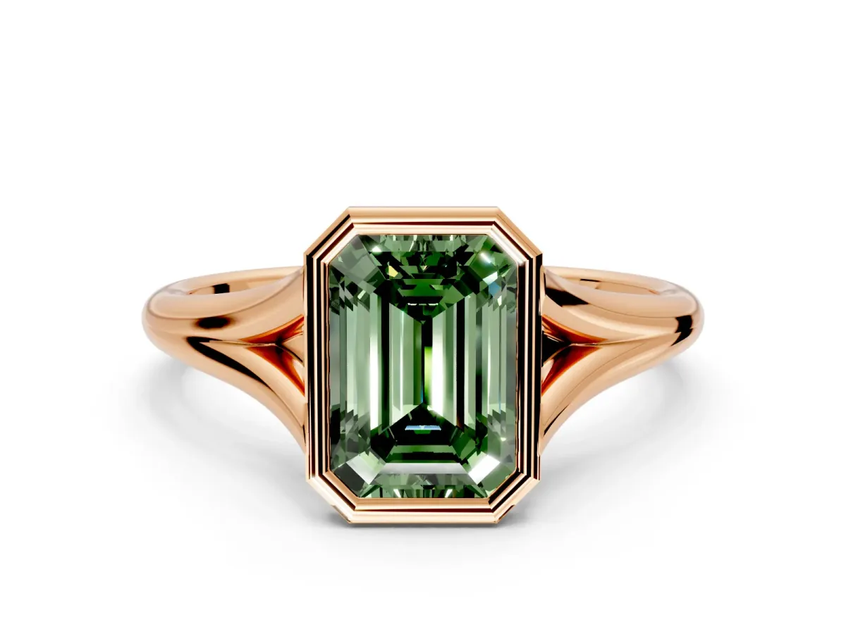 Solitaire Engagement Ring Setting for Fancy Green Emerald Cut Center with V Split Shank and Bezel Head in Rose Gold