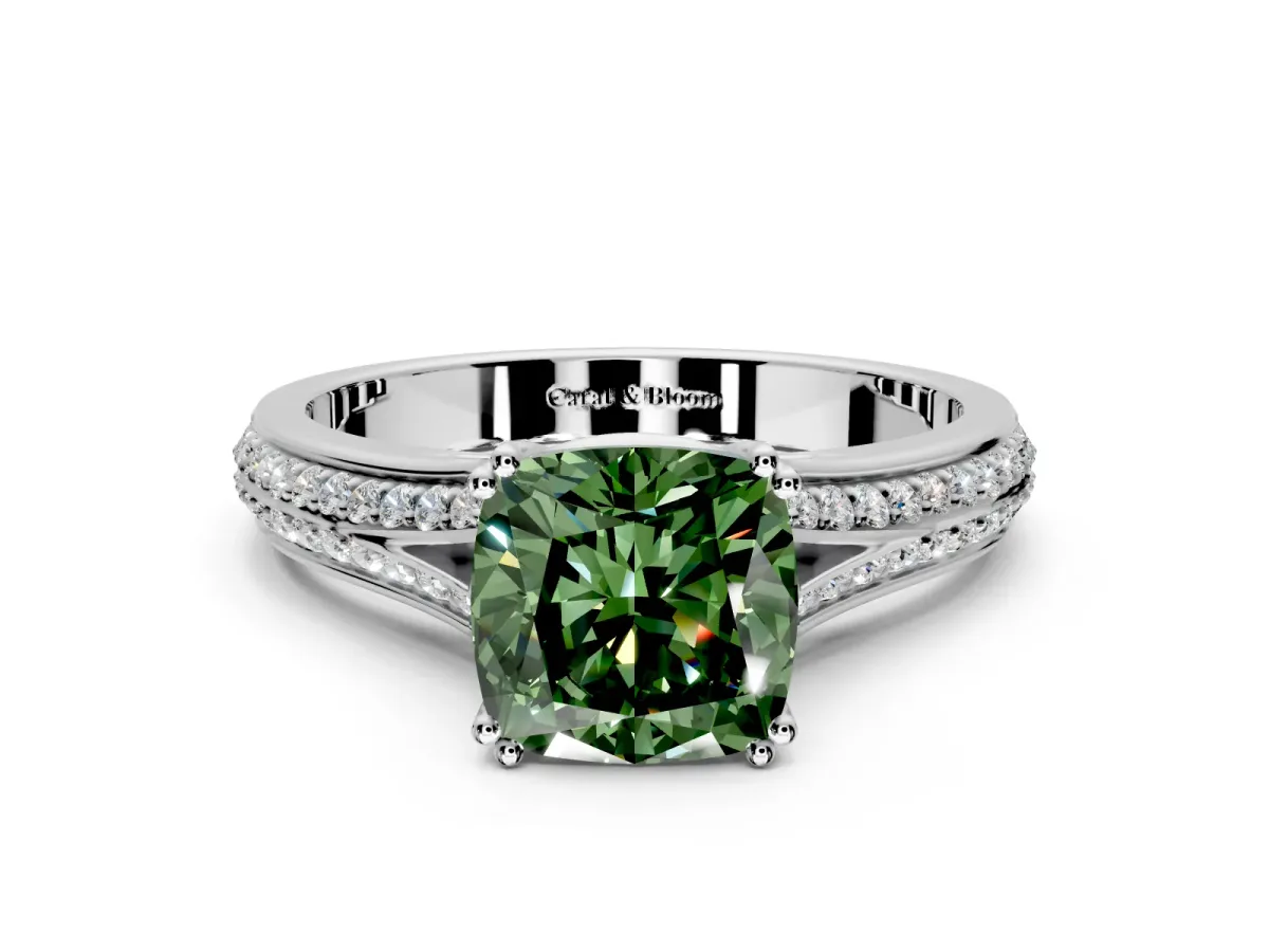 Solitaire Engagement Ring Setting for Fancy Green Cushion Cut Center with Pave Rail Split Shank and Prong Head in Sterling Silver