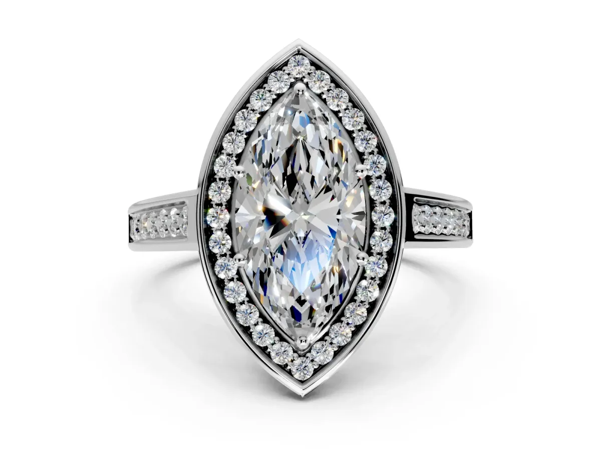 Halo Engagement Ring Setting for Marquise Center with Outer Bezel Rim, Pave Band and Prong Head in White Gold