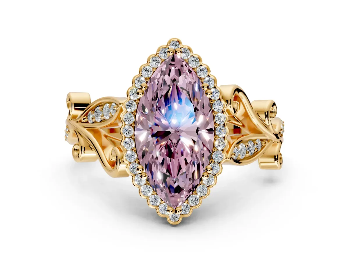 Halo Engagement Ring Setting for Fancy Pink Marquise Center with Leaf Motif Split Shank and Prong Head in Yellow Gold