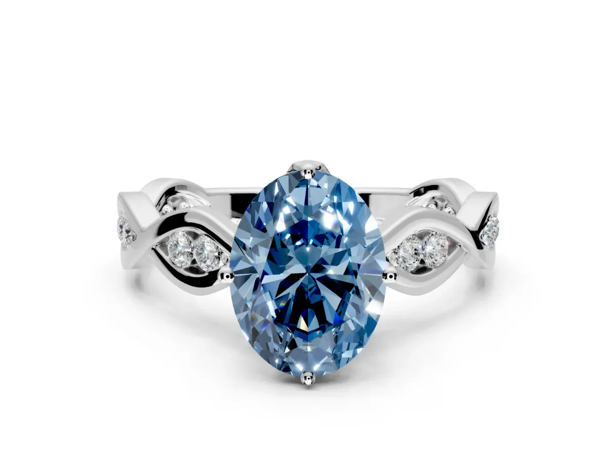 Solitaire Engagement Ring Setting for Fancy Blue Oval Center with Accented Twist Band and Leaf Prong Head in White Gold