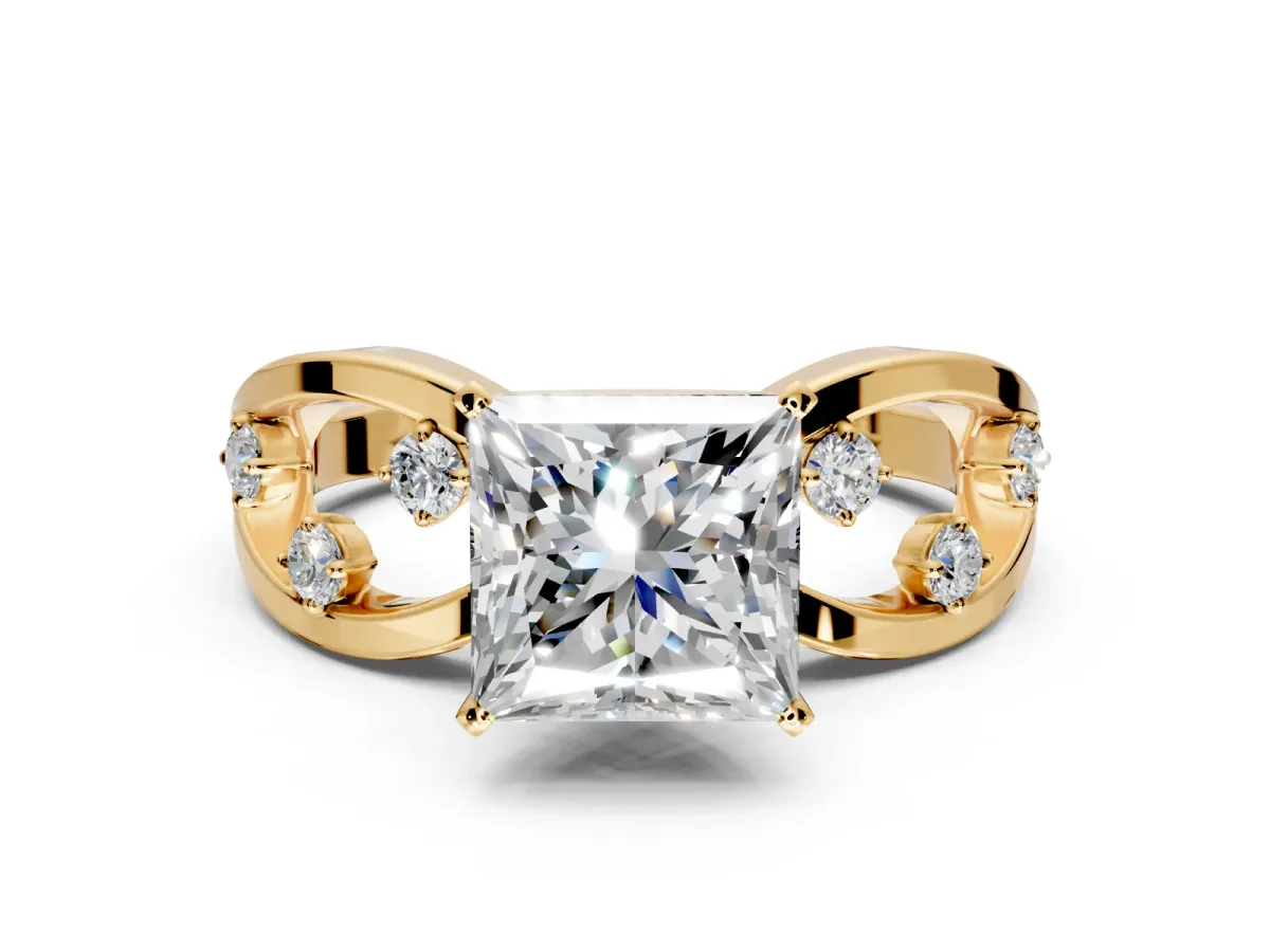 Solitaire Engagement Ring Setting for Princess Cut Center with Criss-Cross Accent Band and Prong Head in Yellow Gold