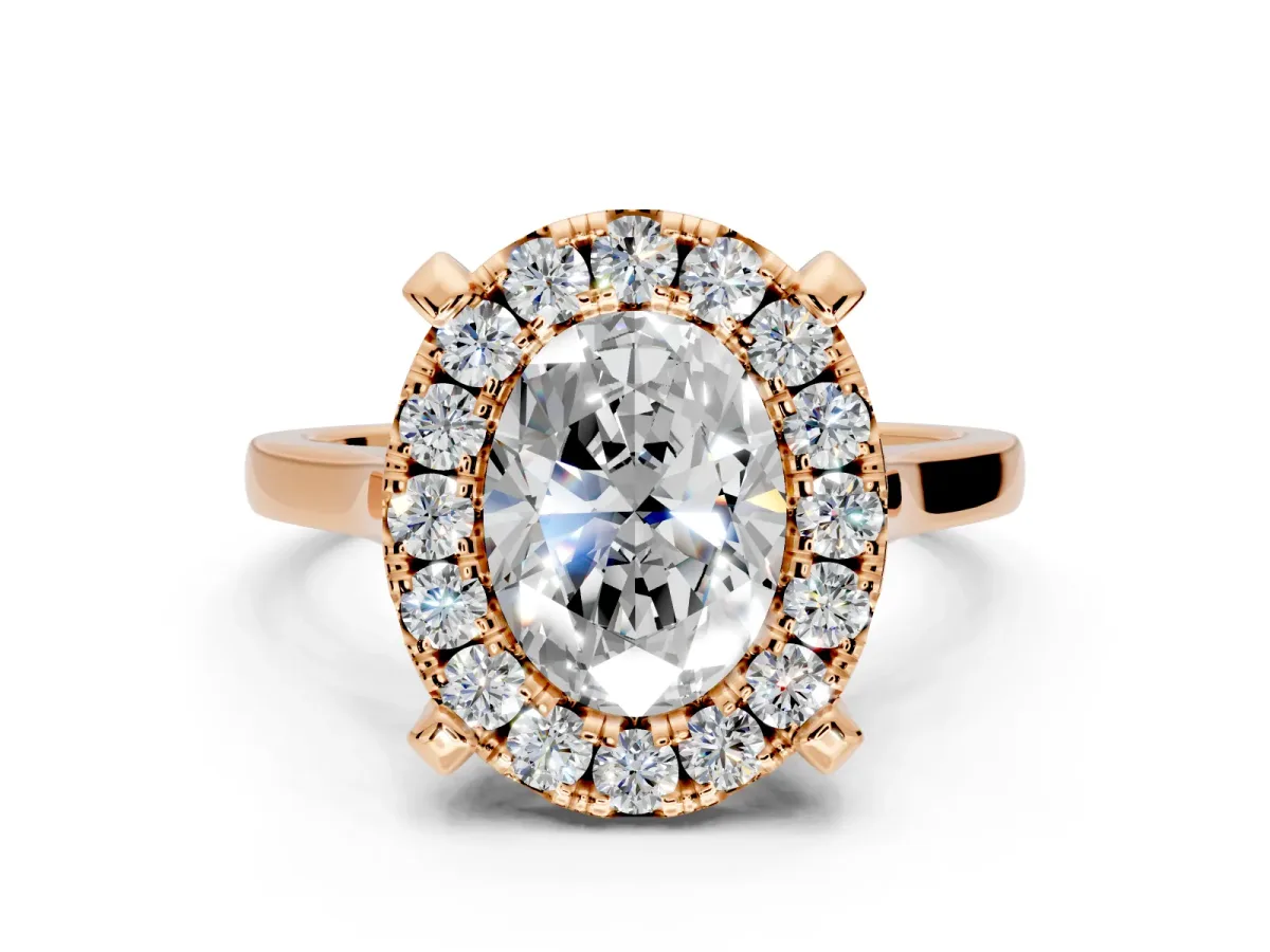 Single Halo Engagement Ring Setting for Oval Center with Corner Claws, Plain Band and Prong Head in Rose Gold