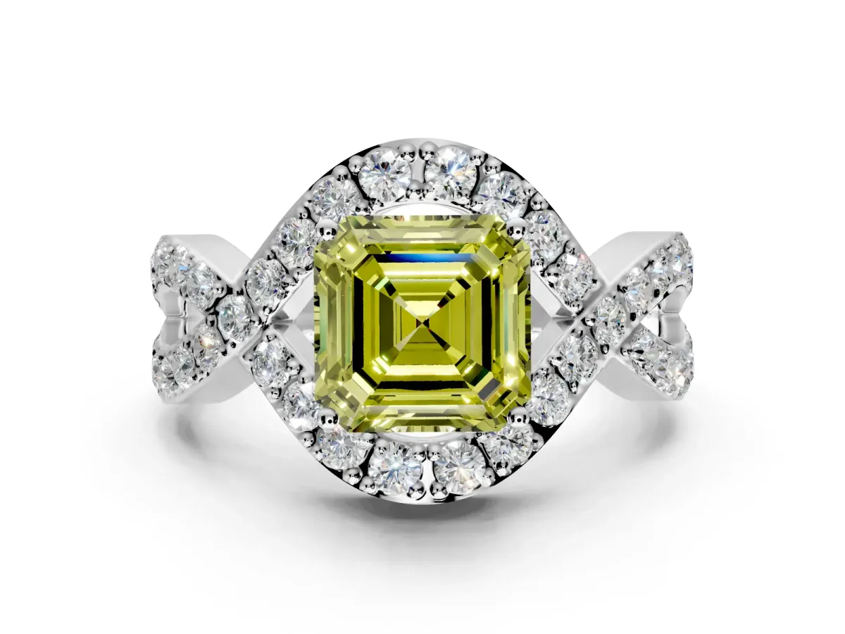 Halo Engagement Ring Setting for Fancy Yellow Asscher Cut Center with Pave Infinity Twist Band and Prong Head in White Gold