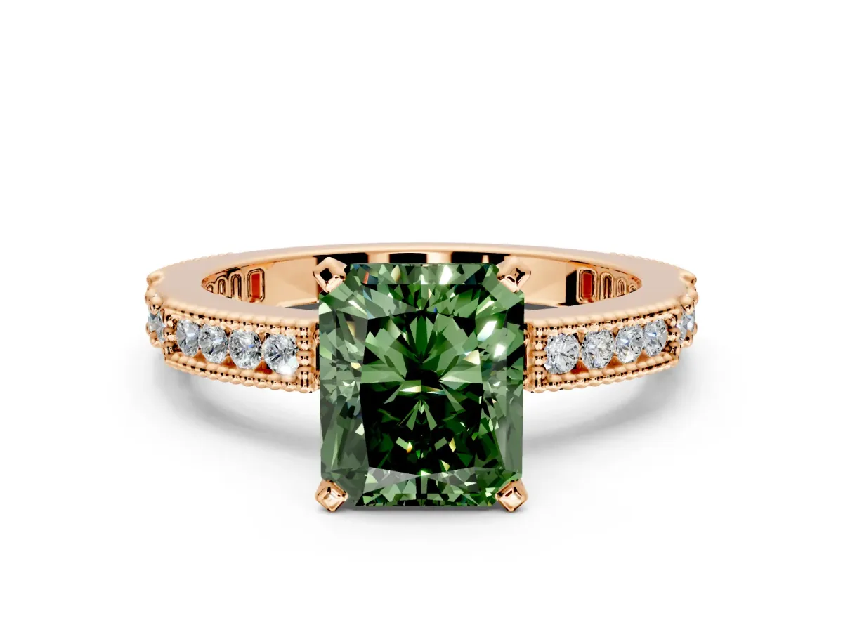 Solitaire Engagement Ring Setting for Fancy Green Radiant Cut Center with Milgrain-Edged Pave Band and Prong Head in Rose Gold