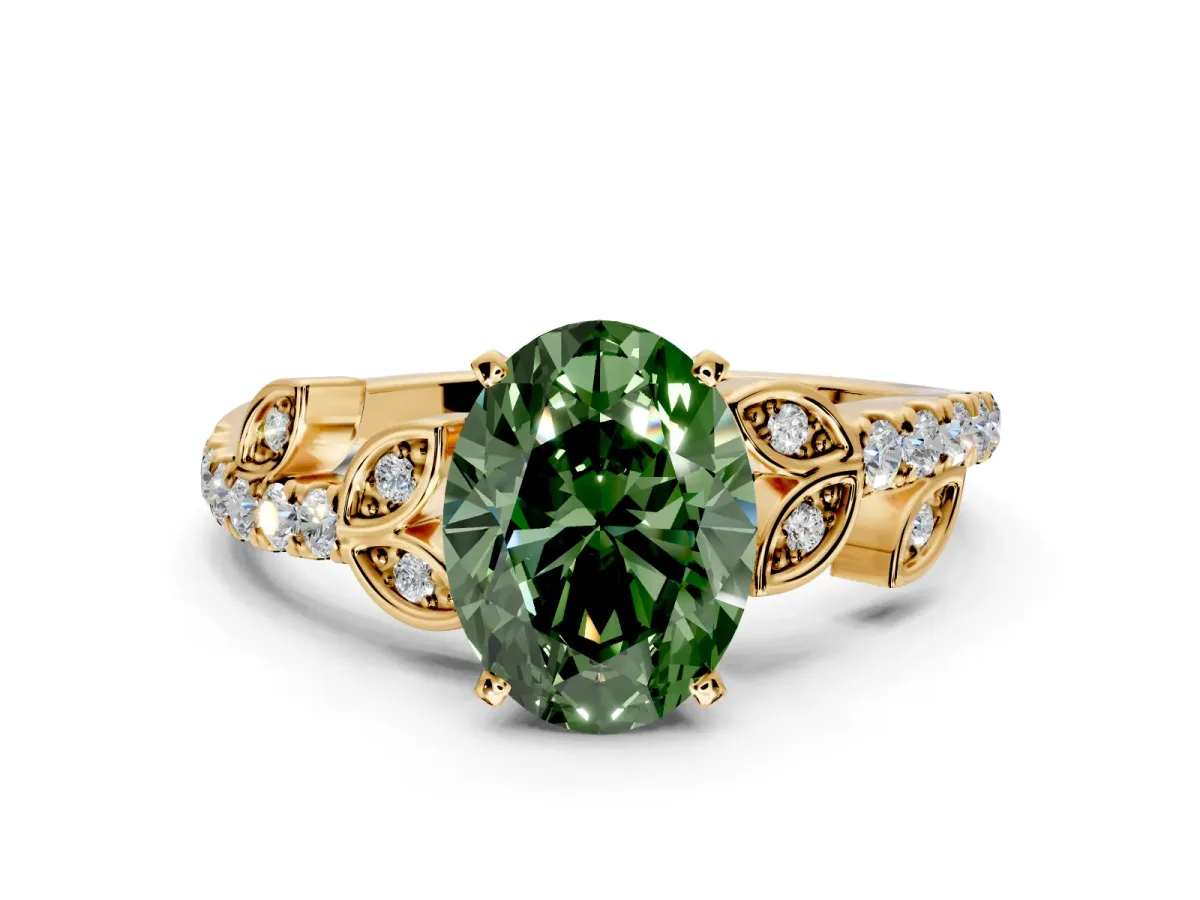 Leaf Motif Engagement Ring Setting for Fancy Green Oval Center with Pave Band and Prong Head in Yellow Gold