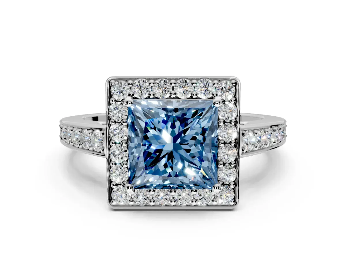 Bezel-Framed Halo Engagement Ring Setting for Fancy Blue Princess Cut Center with Pave Band and Prong Head in White Gold