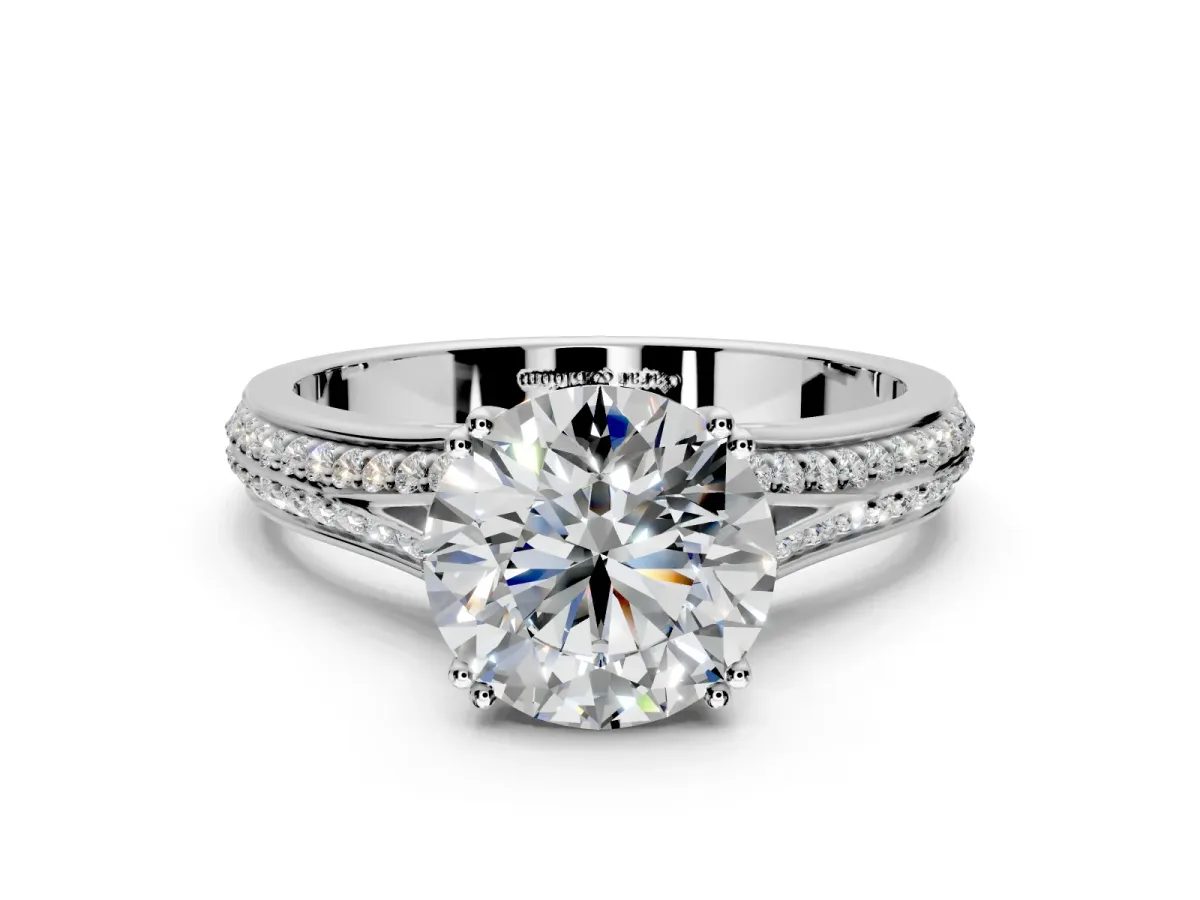 Solitaire Engagement Ring Setting for Round Cut Center with Pave Rail Split Shank and Prong Head in Platinum