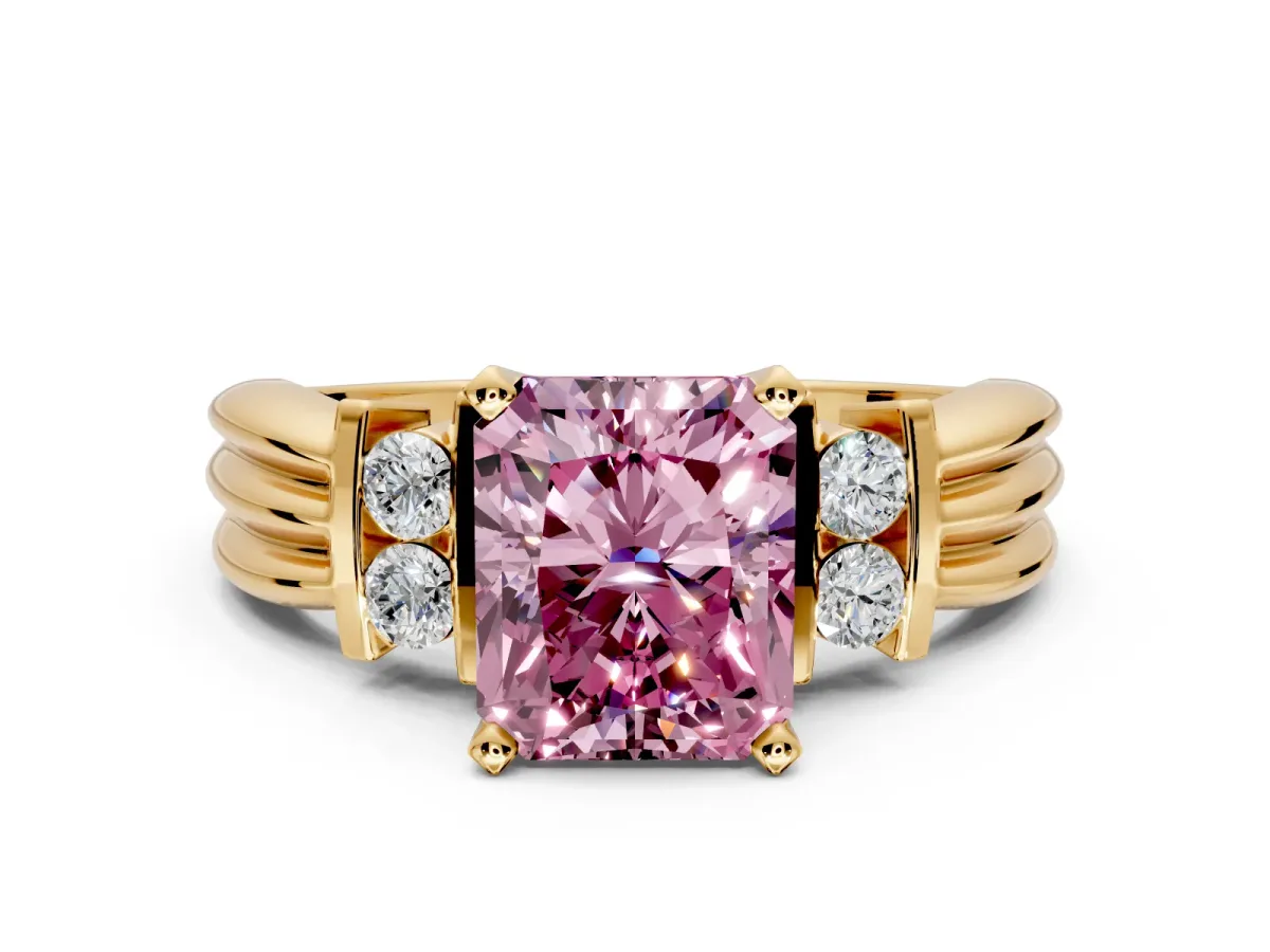 Solitaire Engagement Ring Setting for Fancy Pink Radiant Cut Center with Grooved Bar Accent Band and Prong Head in Yellow Gold