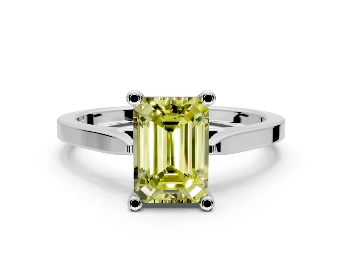 Solitaire Engagement Ring Setting for Fancy Yellow Emerald Cut Center with Tapered Shoulders and Prong Head in Sterling Silver