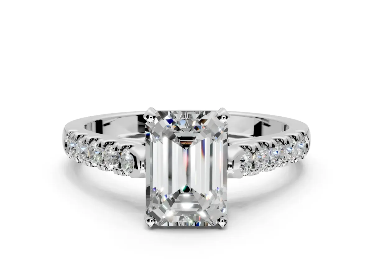 Solitaire Engagement Ring Setting for Emerald Cut Center with Partway Pave Band and Prong Head in Sterling Silver