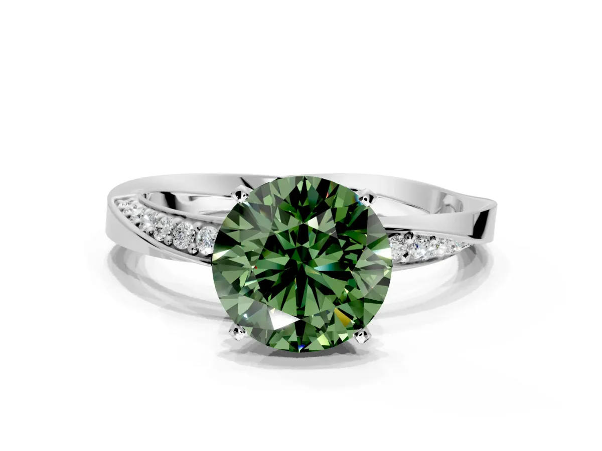 Side Accent Engagement Ring Setting for Fancy Green Round Cut Center with Accent Shoulders and Prong Head in Platinum