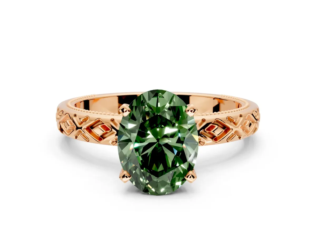 Solitaire Engagement Ring Setting for Fancy Green Oval Center with Milgrain X Pattern Band and Prong Head in Rose Gold