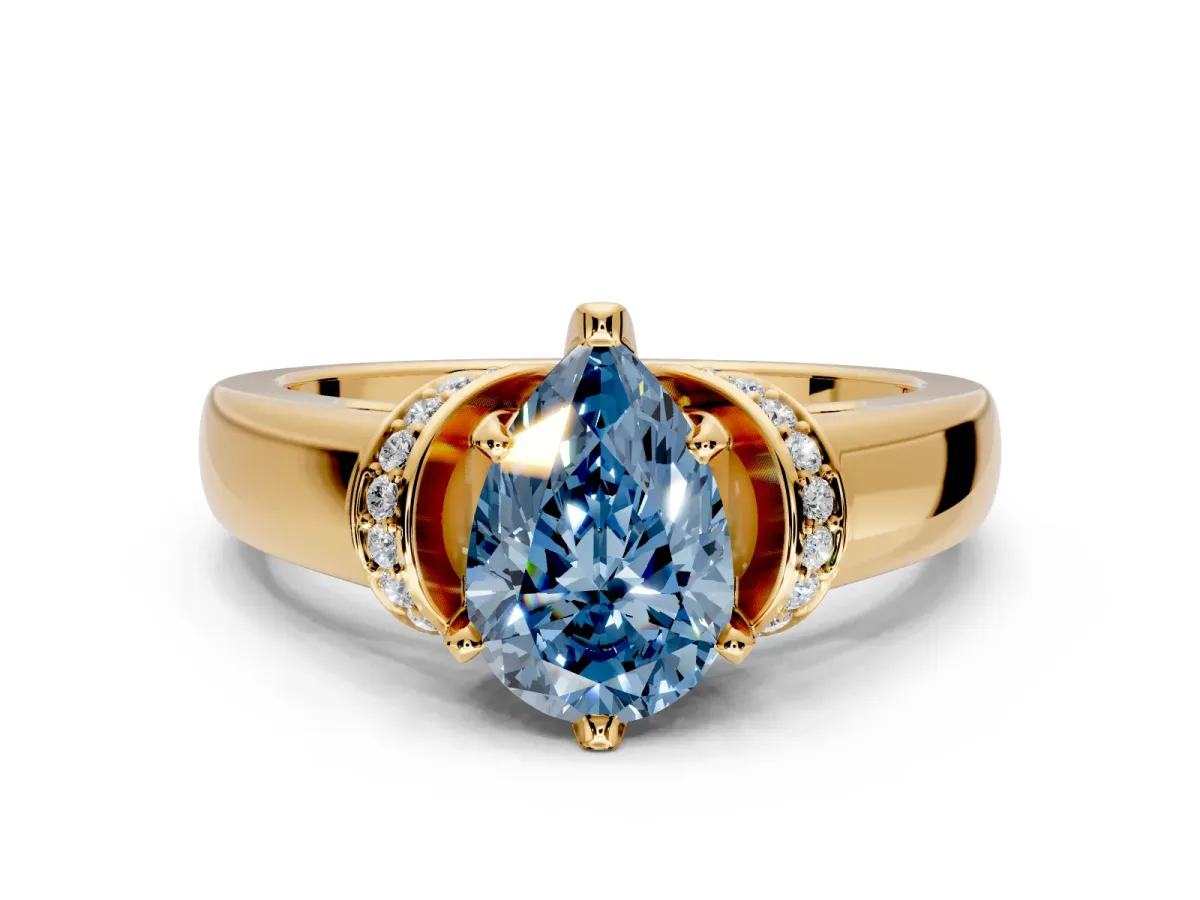 Solitaire Engagement Ring Setting for Fancy Blue Pear-Shaped Center with Wide Band, Pave Collar and Prong Head in Yellow Gold