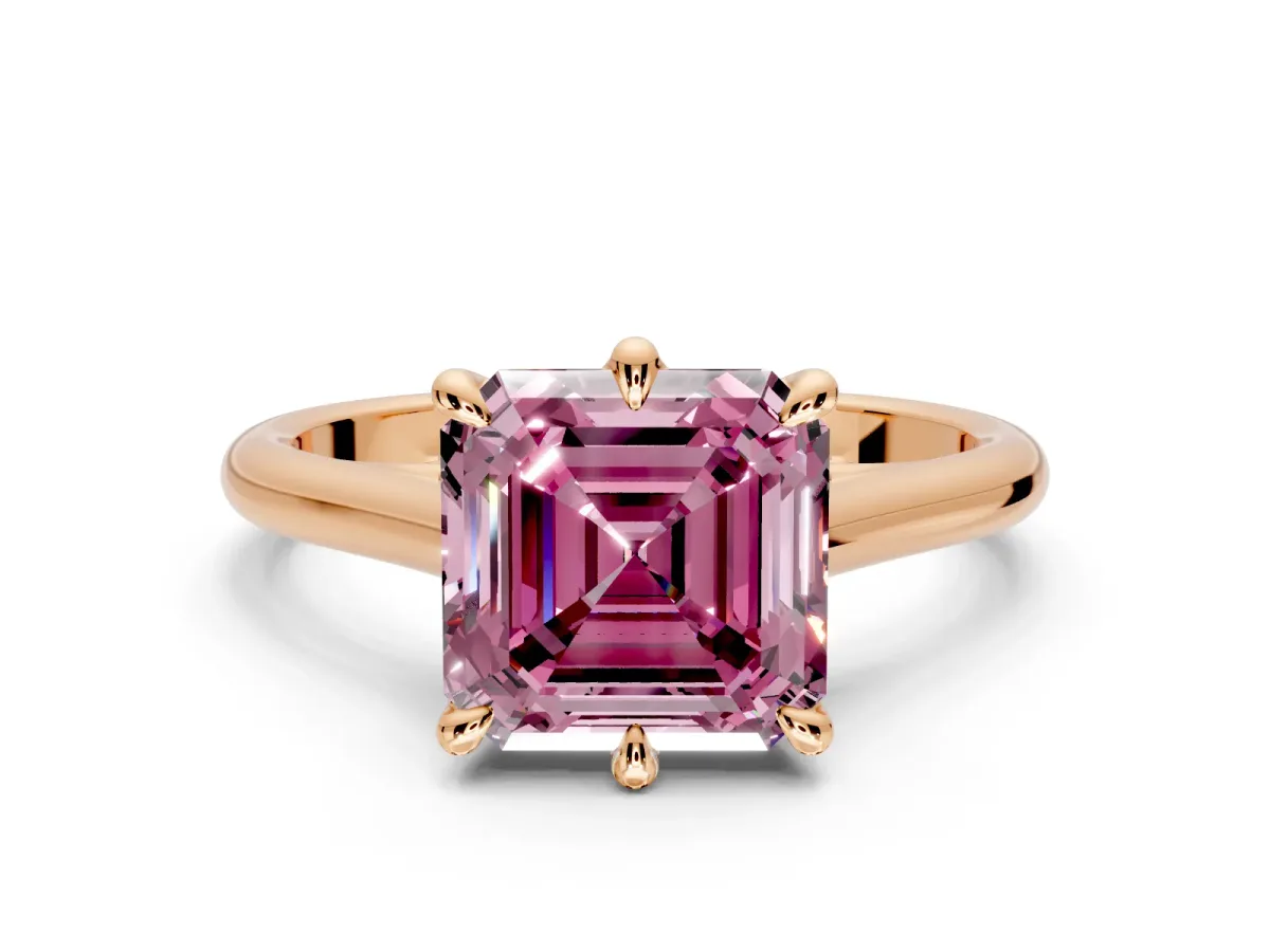 Solitaire Engagement Ring Setting for Fancy Pink Asscher Cut Center with Cathedral Band and Prong Head in Rose Gold