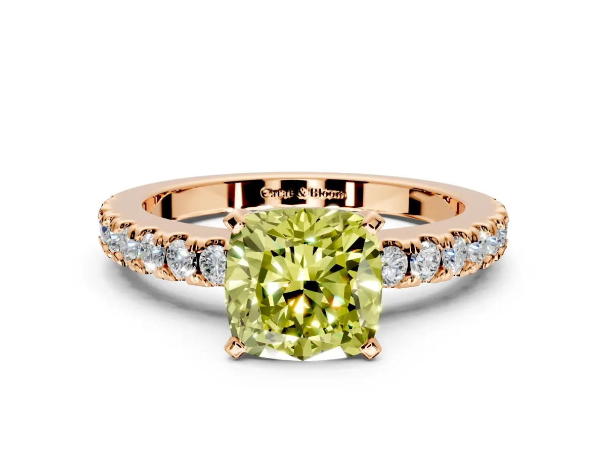 Solitaire Engagement Ring Setting for Fancy Yellow Cushion Cut Center with Single Row Accent Band and Prong Head in Rose Gold