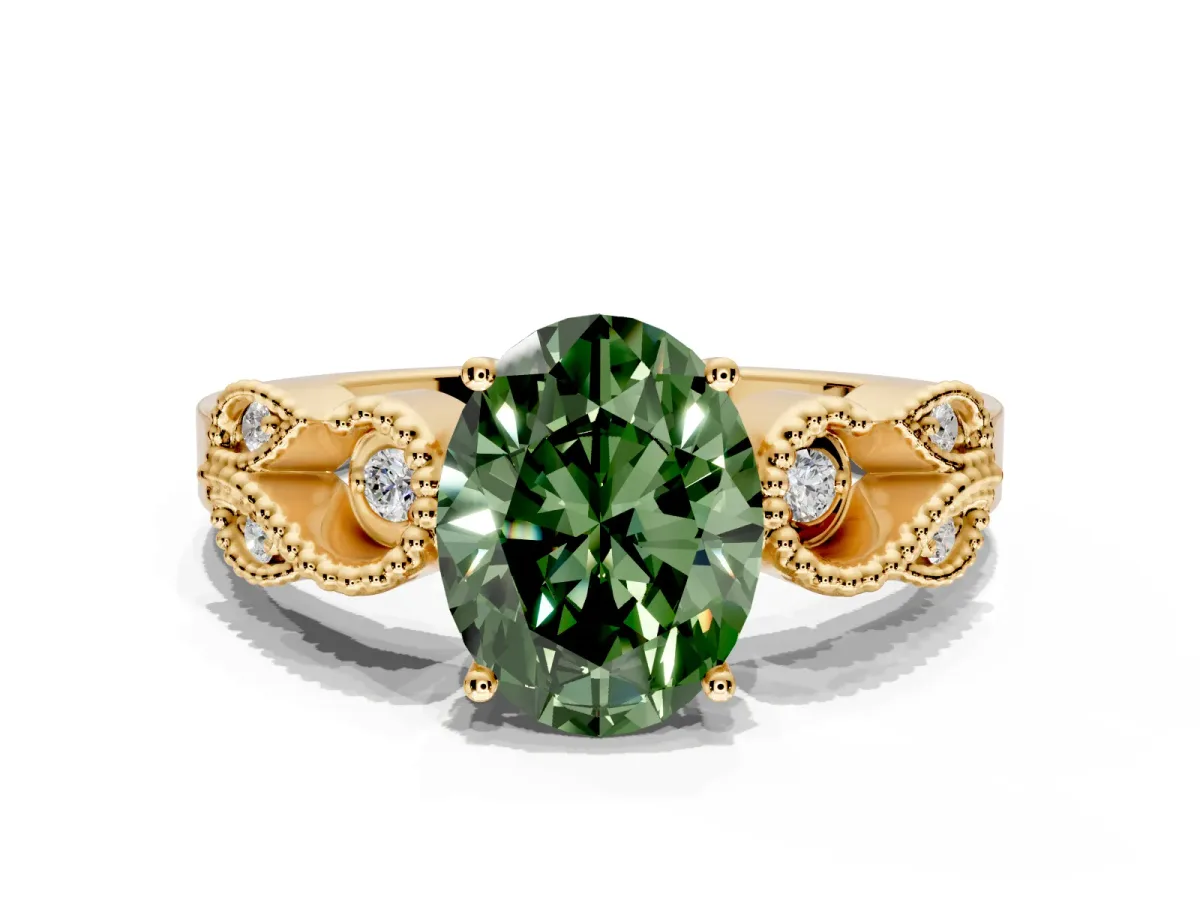 Leaf Engagement Ring Setting for Fancy Green Oval Center with Milgrain Accent Band and Prong Head in Yellow Gold