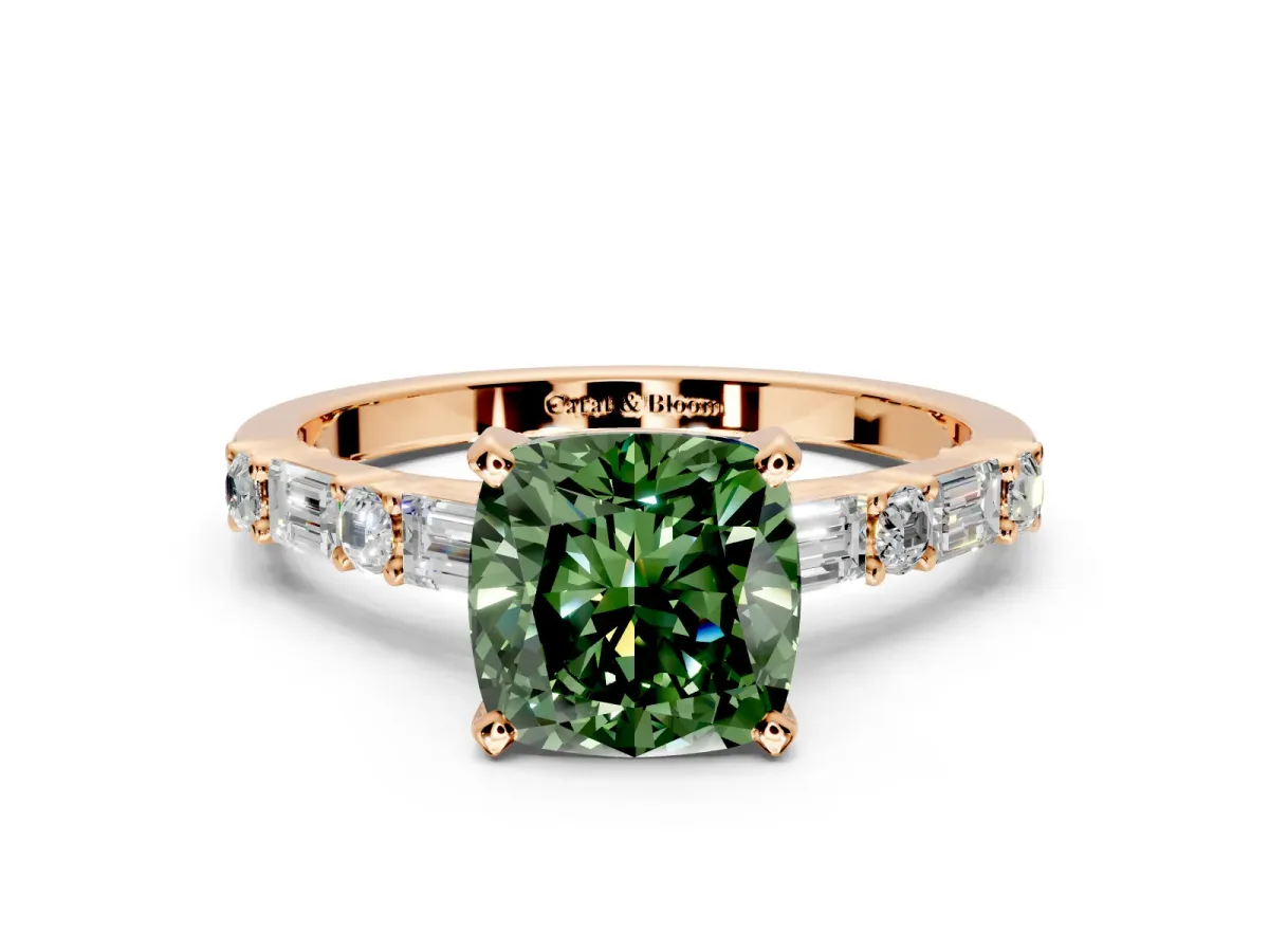 Baguette Engagement Ring Setting for Fancy Green Cushion Cut Center with Alternating Bar-Set Band and Prong Head in Rose Gold