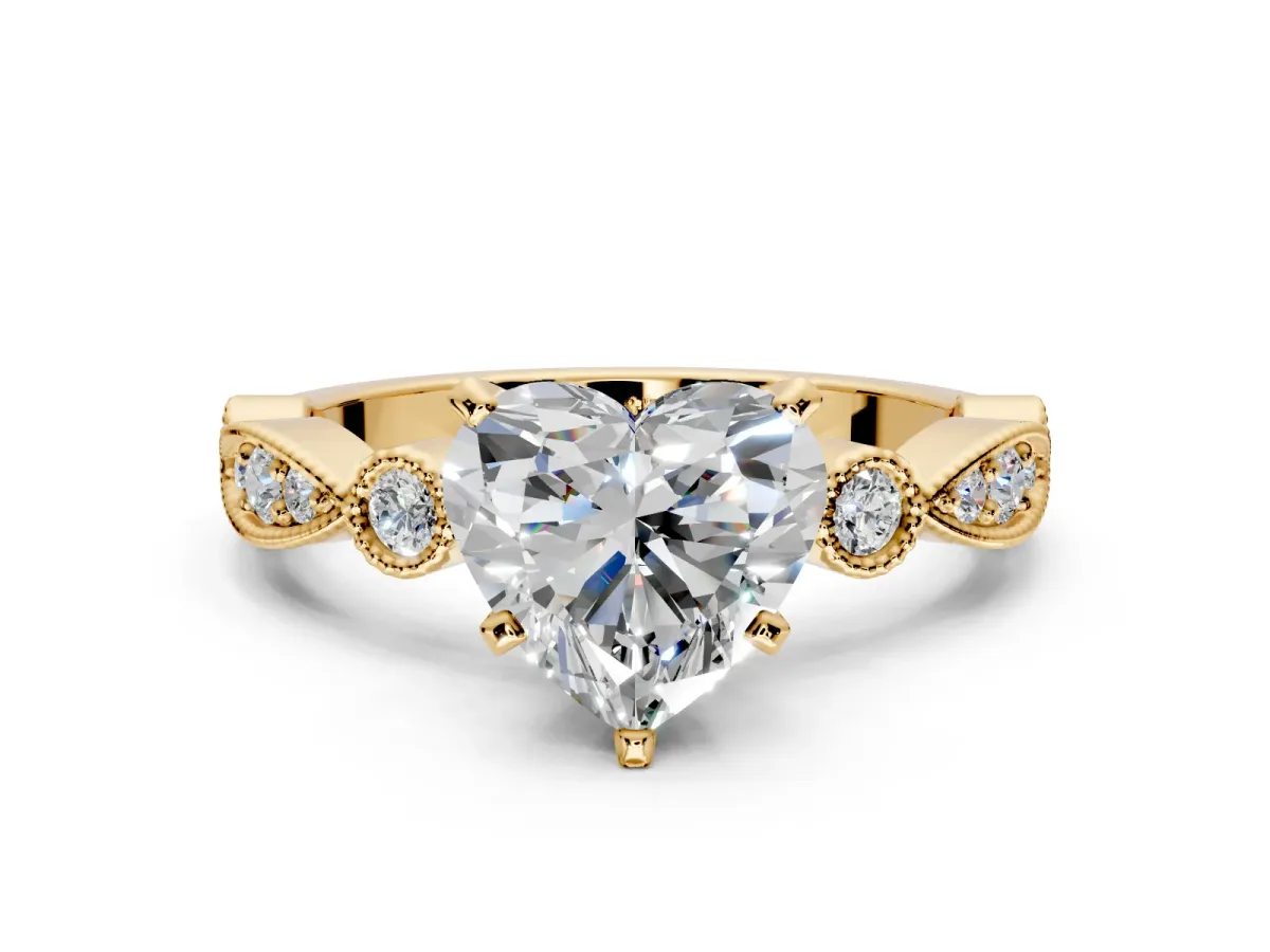 Solitaire Engagement Ring Setting for Heart-Shaped Center with Milgrain Bezel Accents and Prong Head in Yellow Gold