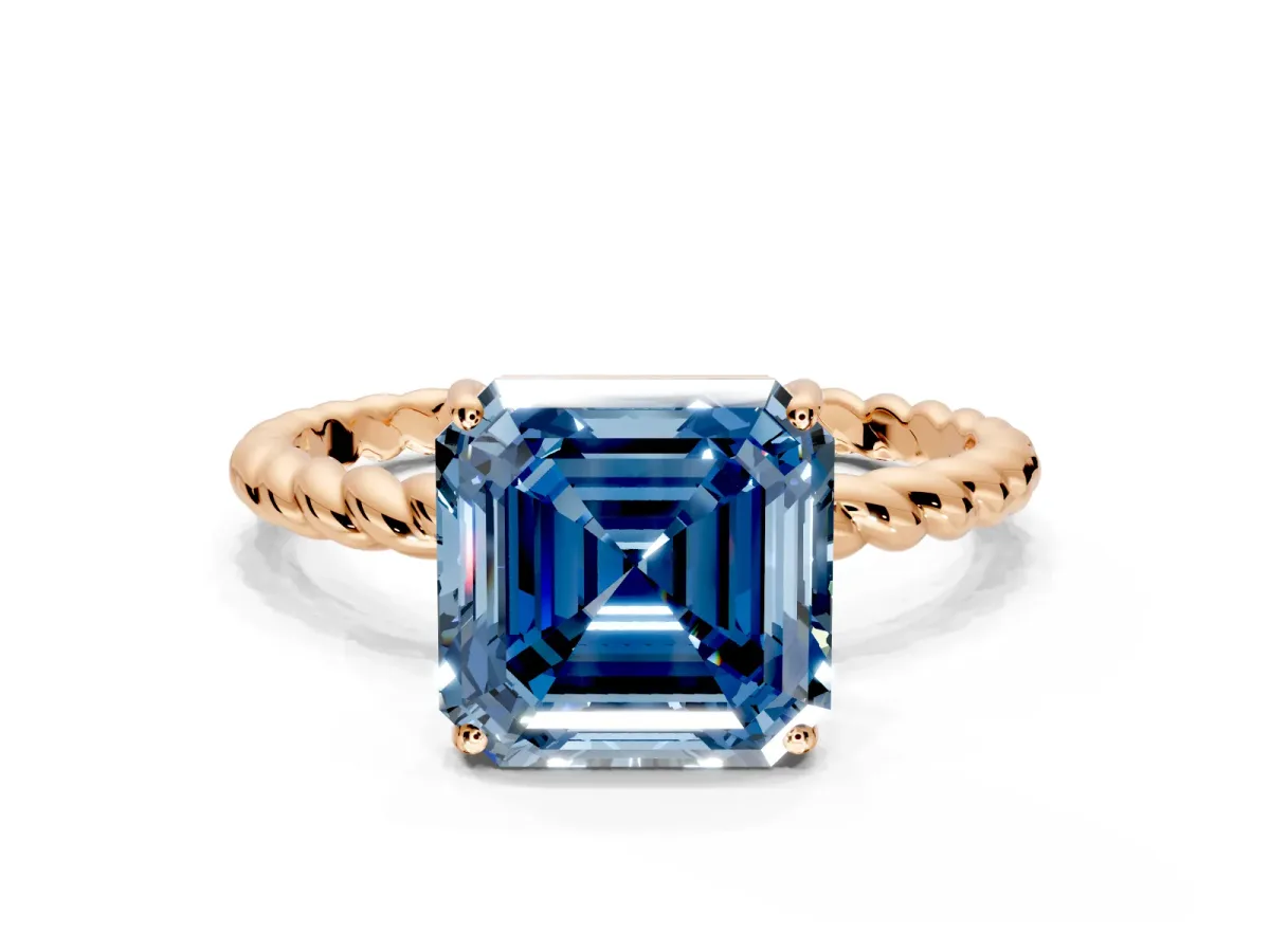 Solitaire Engagement Ring Setting for Fancy Blue Asscher Cut Center with Plain Twisted Rope Band and Prong Head in Rose Gold