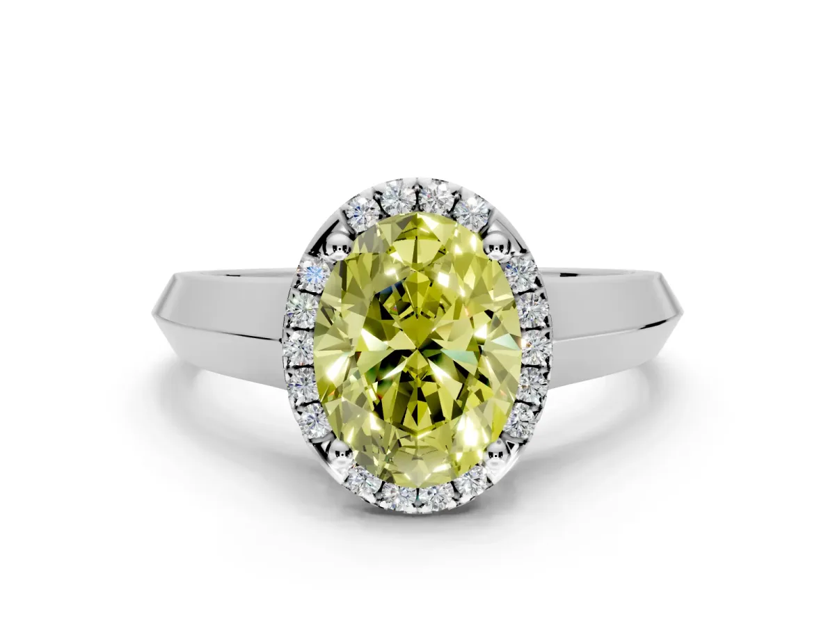 Halo Engagement Ring Setting for Fancy Yellow Oval Center with Knife Ridge Cathedral Band and Prong Head in Sterling Silver