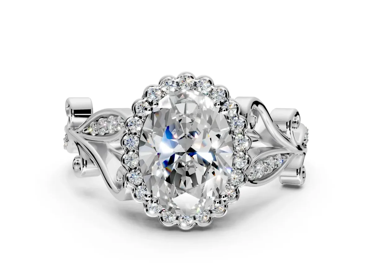 Halo Engagement Ring Setting for Oval Center with Leaf Motif Split Shank and Prong Head in Platinum