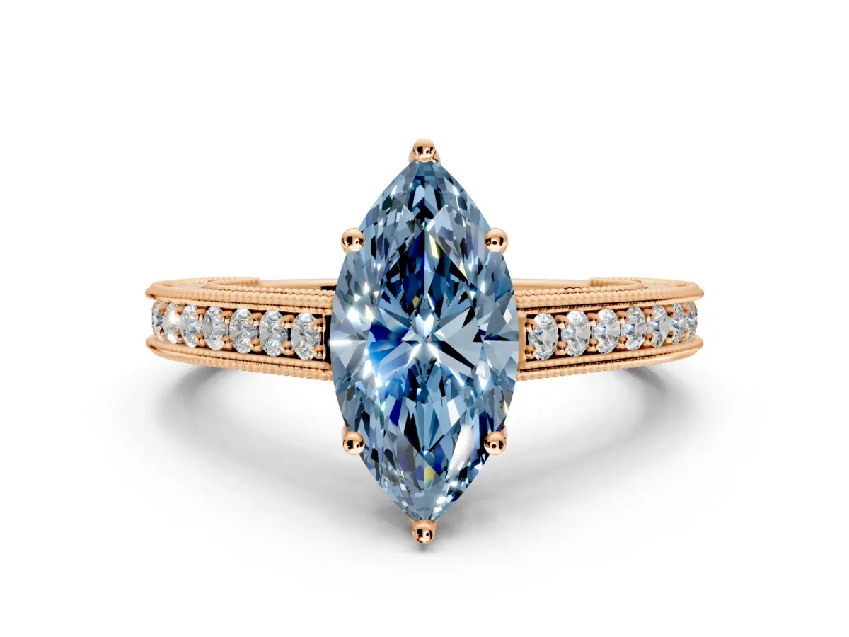 Solitaire Engagement Ring Setting for Fancy Blue Marquise Center with Engraved Pave Band and Prong Head in Rose Gold