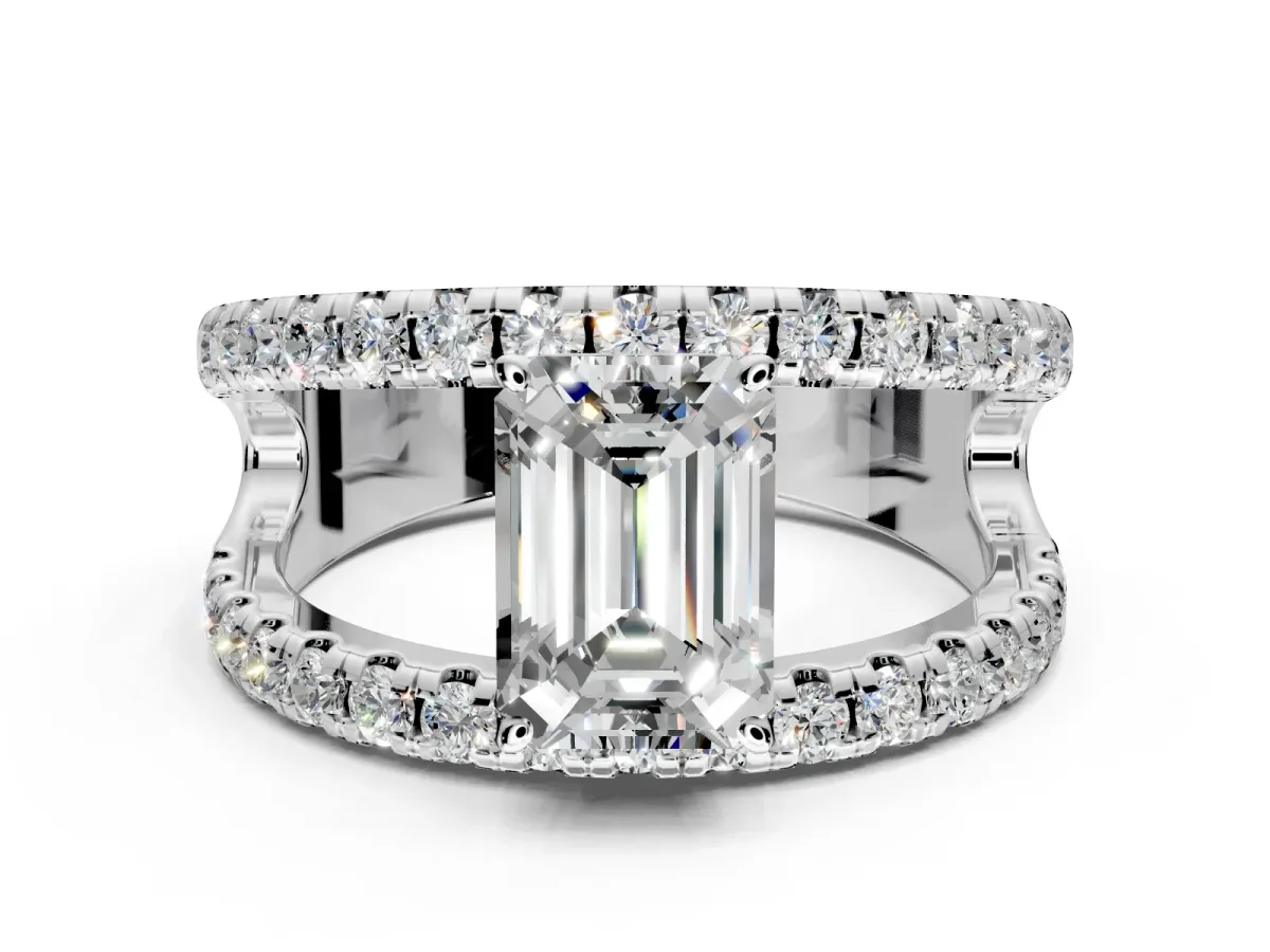 Solitaire Engagement Ring Setting for Emerald Cut Center with Wide-Open Split Shank and Prong Head in Platinum