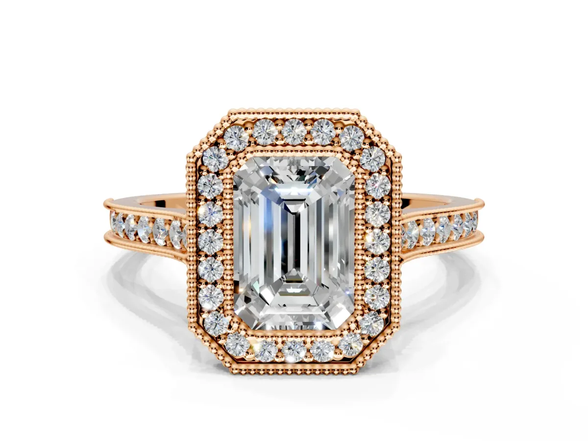 Halo Engagement Ring Setting for Emerald Cut Center with Milgrain Pave Band and Bezel Head in Rose Gold