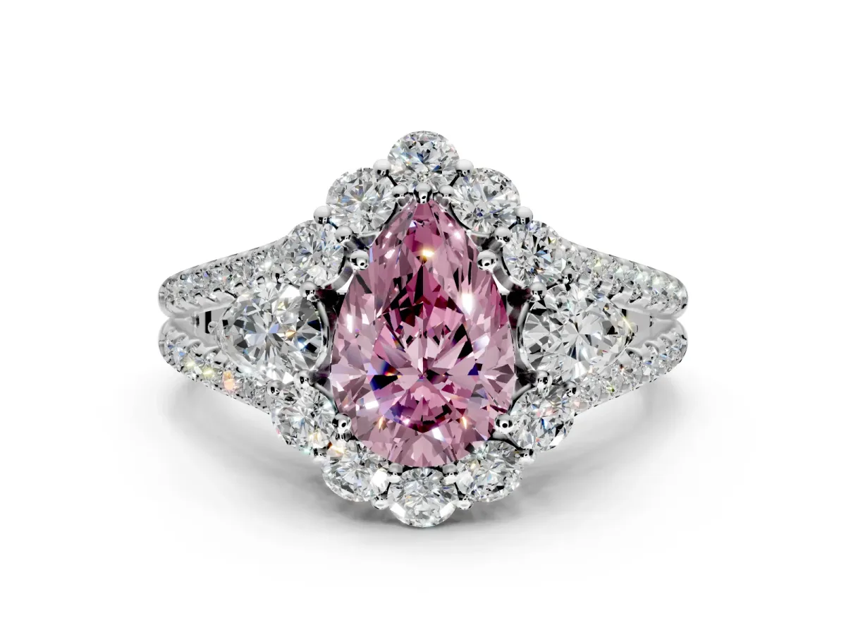 Halo Engagement Ring Setting for Fancy Pink Pear-Shaped Center with Two-Strand Split Shank and Prong Head in Platinum