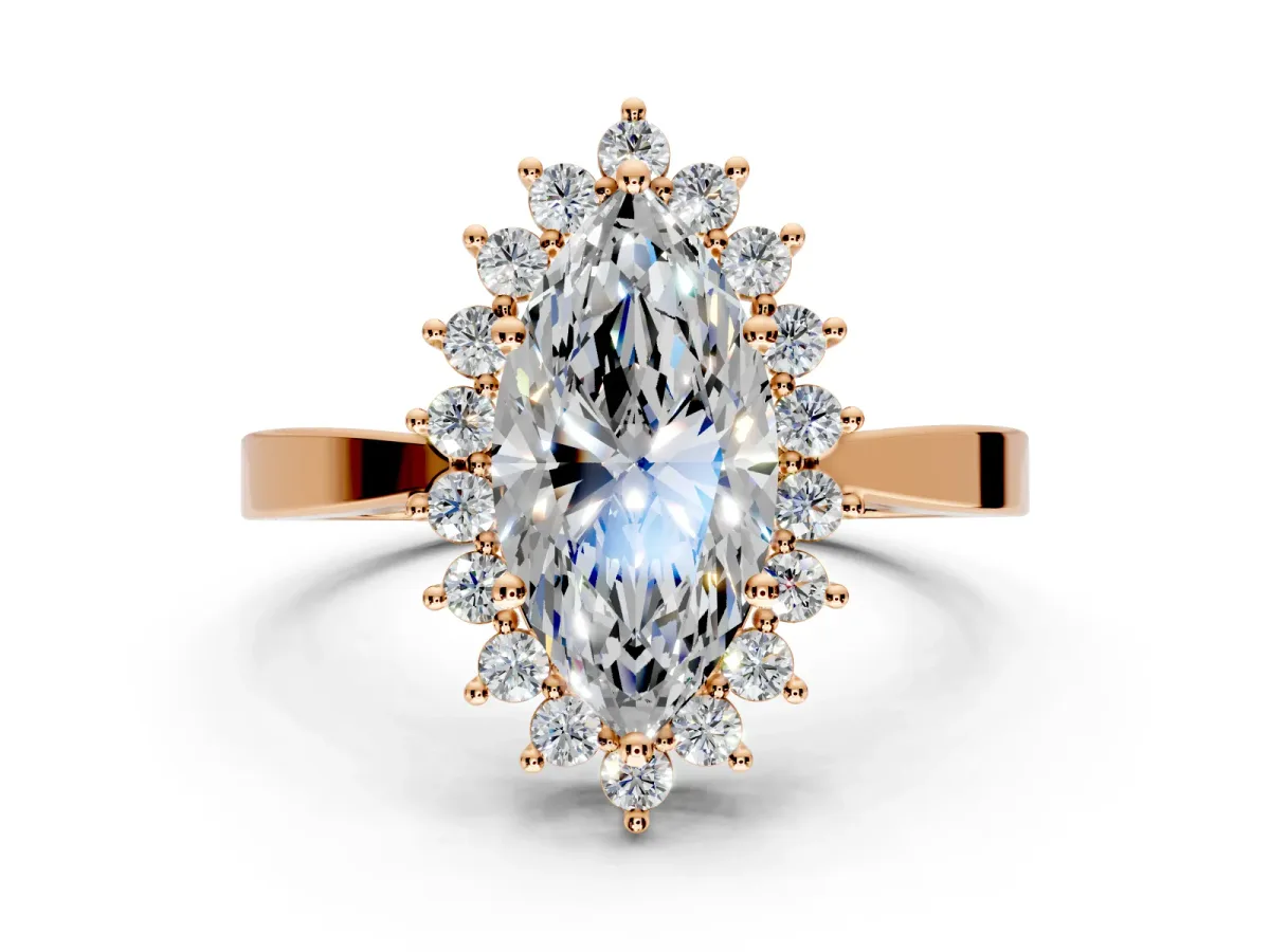 Starburst Halo Engagement Ring Setting for Marquise Center with Flat Cathedral Band and Prong Head in Rose Gold
