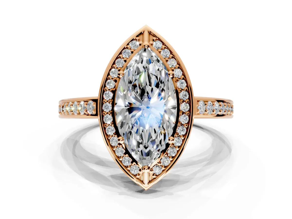 Halo Engagement Ring Setting for Marquise Center with Framed Halo, Pave Band and Prong Head in Rose Gold