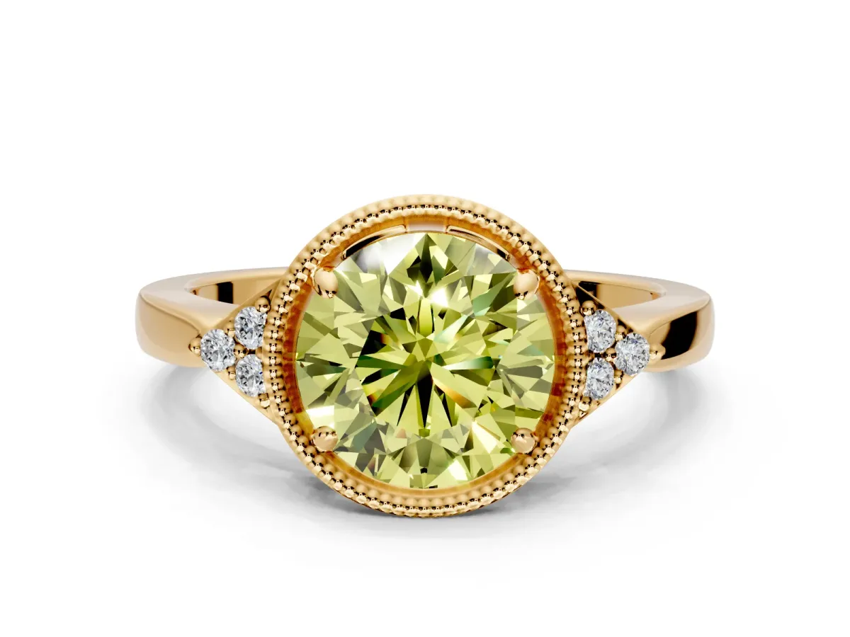 Cluster Engagement Ring Setting for Fancy Yellow Round Cut Center with Milgrain Shoulder Clusters and Prong Head in Yellow Gold