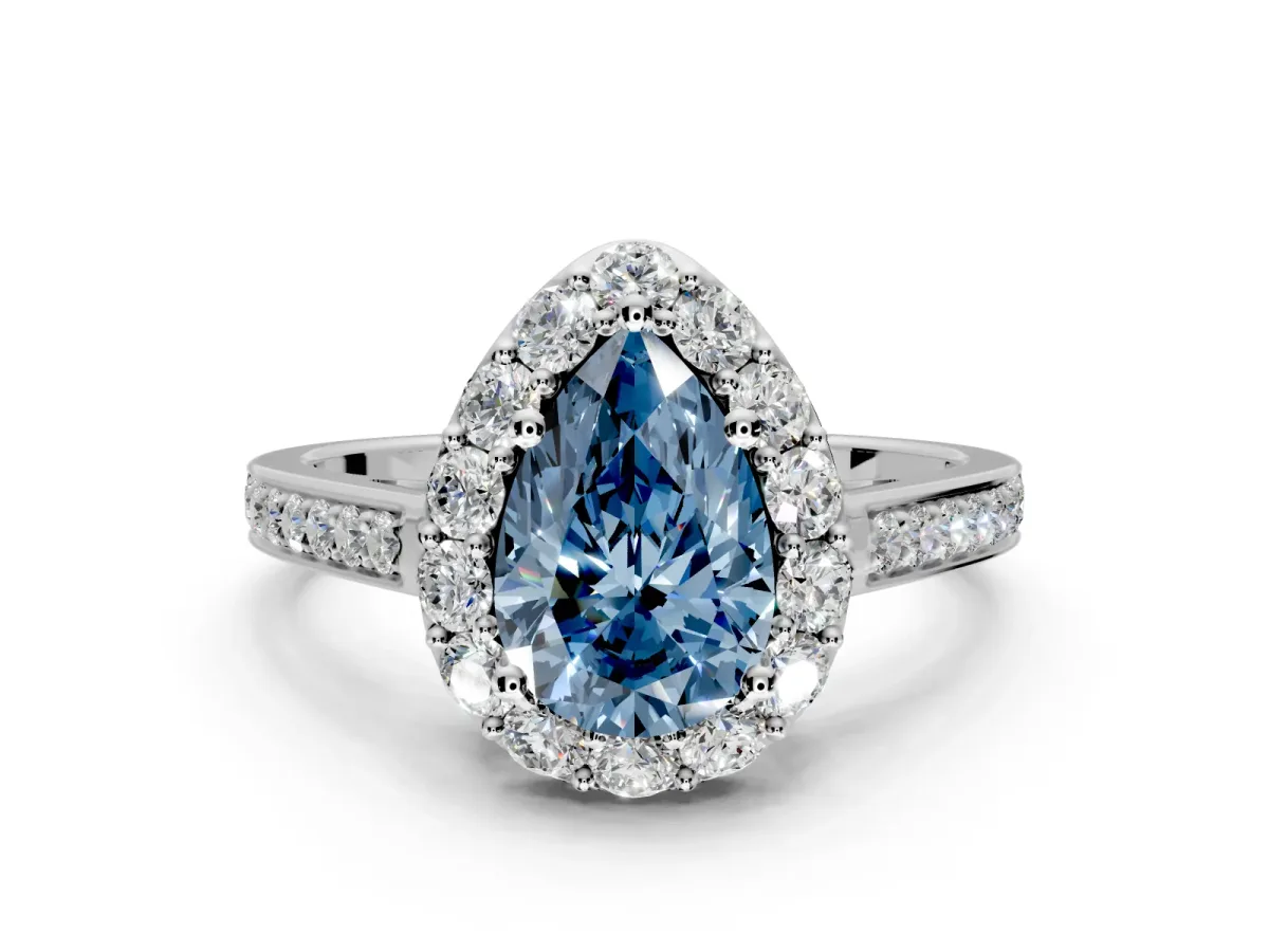 Floral Halo Engagement Ring Setting for Fancy Blue Pear-Shaped Center with Large Halo Accents and Prong Head in Platinum
