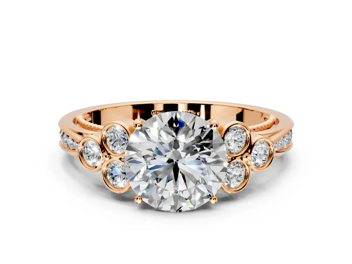 Cluster Engagement Ring Setting for Round Cut Center with Bezel Accent Clusters and Prong Head in Rose Gold
